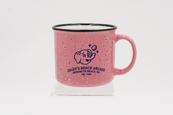 A pink mug with black speckles and an elephant logo.